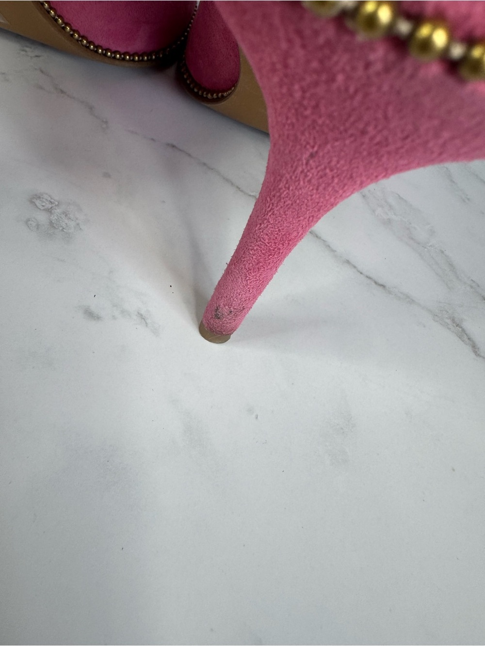COACH Pink Suede Pointed Toe Pumps with Brass Studded Trim. - Picture 3 of 12